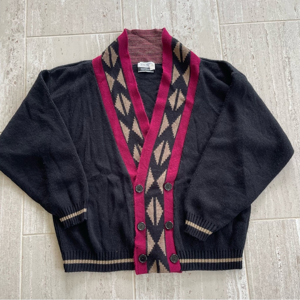 Vintage HILTON 90s Aztec Southwestern Grandpa Cardigan Sweater Black Maroon L